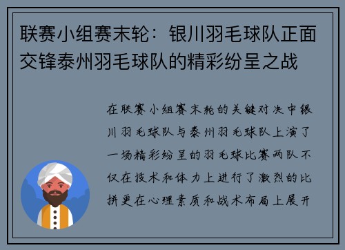 联赛小组赛末轮：银川羽毛球队正面交锋泰州羽毛球队的精彩纷呈之战