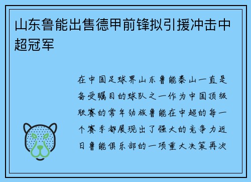 山东鲁能出售德甲前锋拟引援冲击中超冠军
